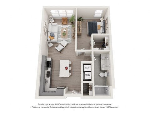 Floor plan for 1 bed, 1 bath, 751 sqft